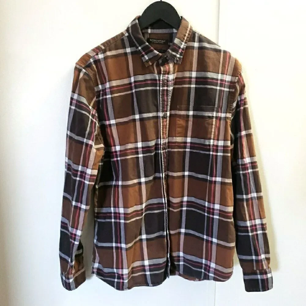 Banana Republic Ultra Soft Flannel Brown Plaid Untucked Slim Fit Long Sleeve Lg